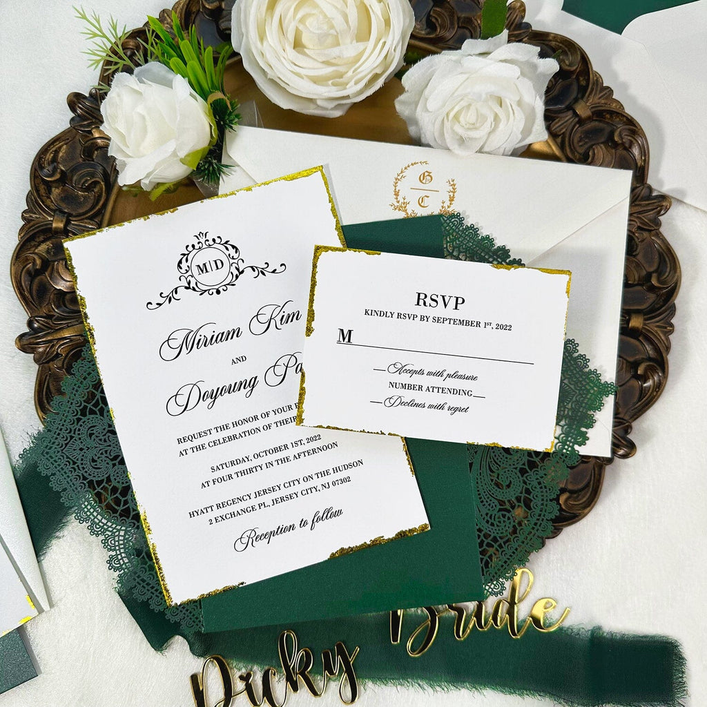 Vintage Forest Green Laser Cut Invitations, Luxury Emerald Green Gold Deckled-Edge Invites, Elegant Lace Invitation with Gold Seal and Lined Envelopes Wedding Ceremony Supplies Picky Bride 