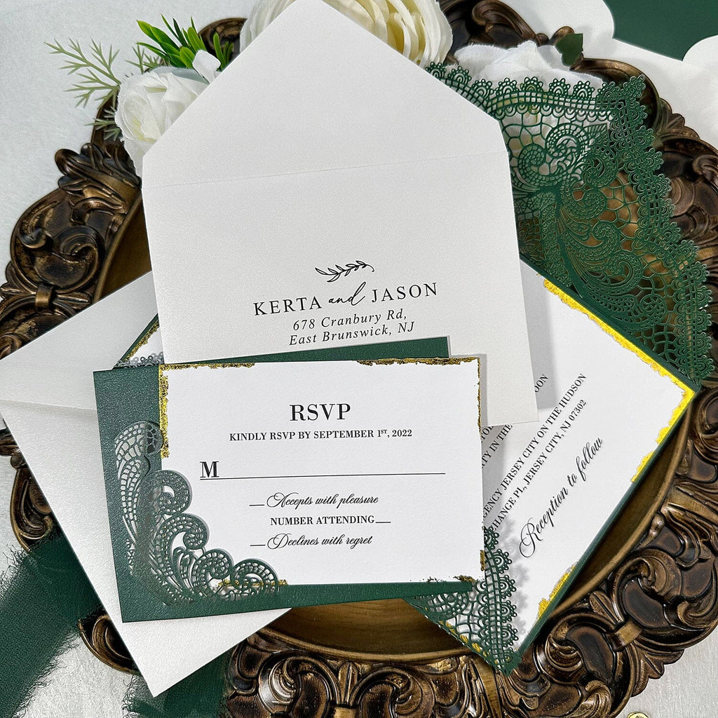 Vintage Forest Green Laser Cut Invitations, Luxury Emerald Green Gold Deckled-Edge Invites, Elegant Lace Invitation with Gold Seal and Lined Envelopes Wedding Ceremony Supplies Picky Bride 