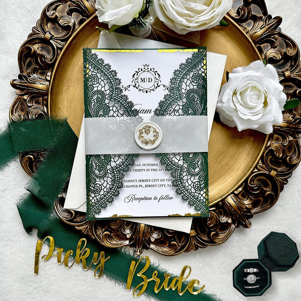 Vintage Forest Green Laser Cut Invitations, Luxury Emerald Green Gold Deckled-Edge Invites, Elegant Lace Invitation with Gold Seal and Lined Envelopes Wedding Ceremony Supplies Picky Bride 