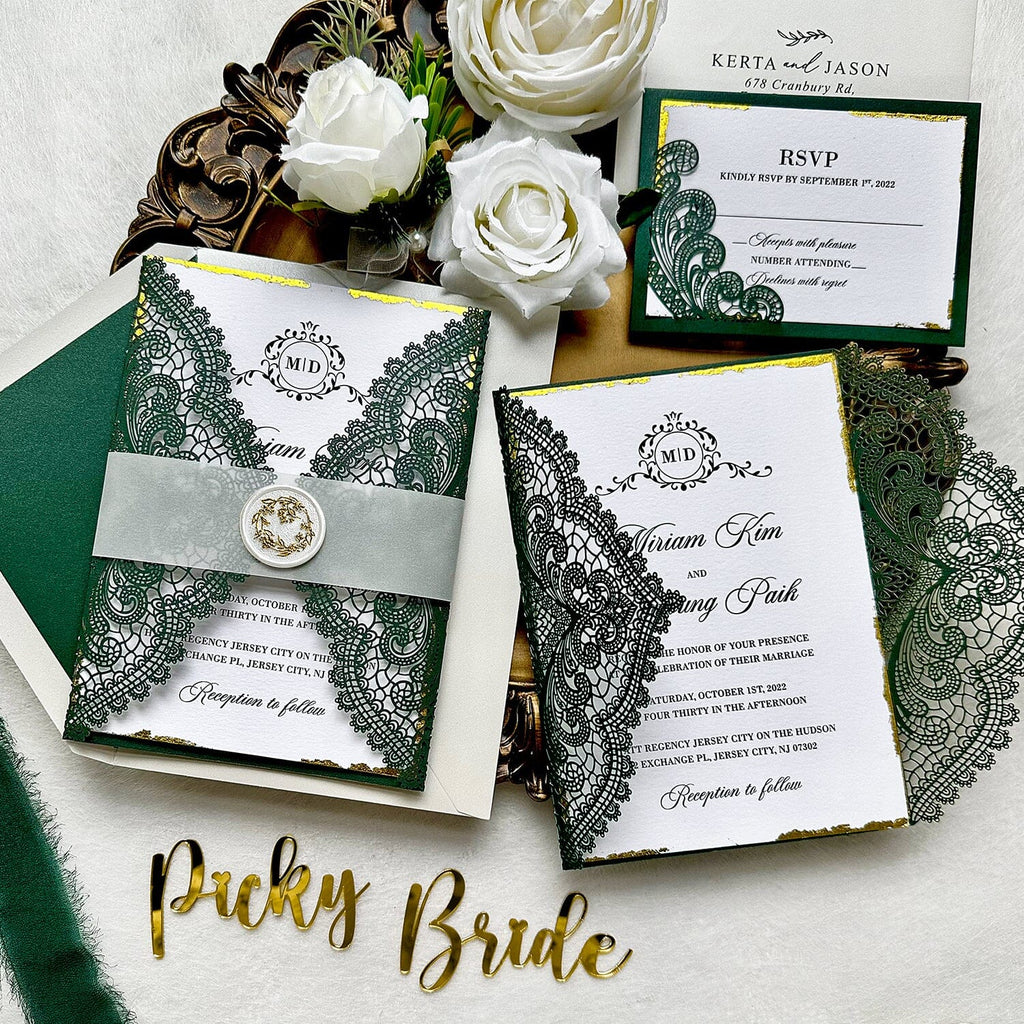 Vintage Forest Green Laser Cut Invitations, Luxury Emerald Green Gold Deckled-Edge Invites, Elegant Lace Invitation with Gold Seal and Lined Envelopes Wedding Ceremony Supplies Picky Bride 