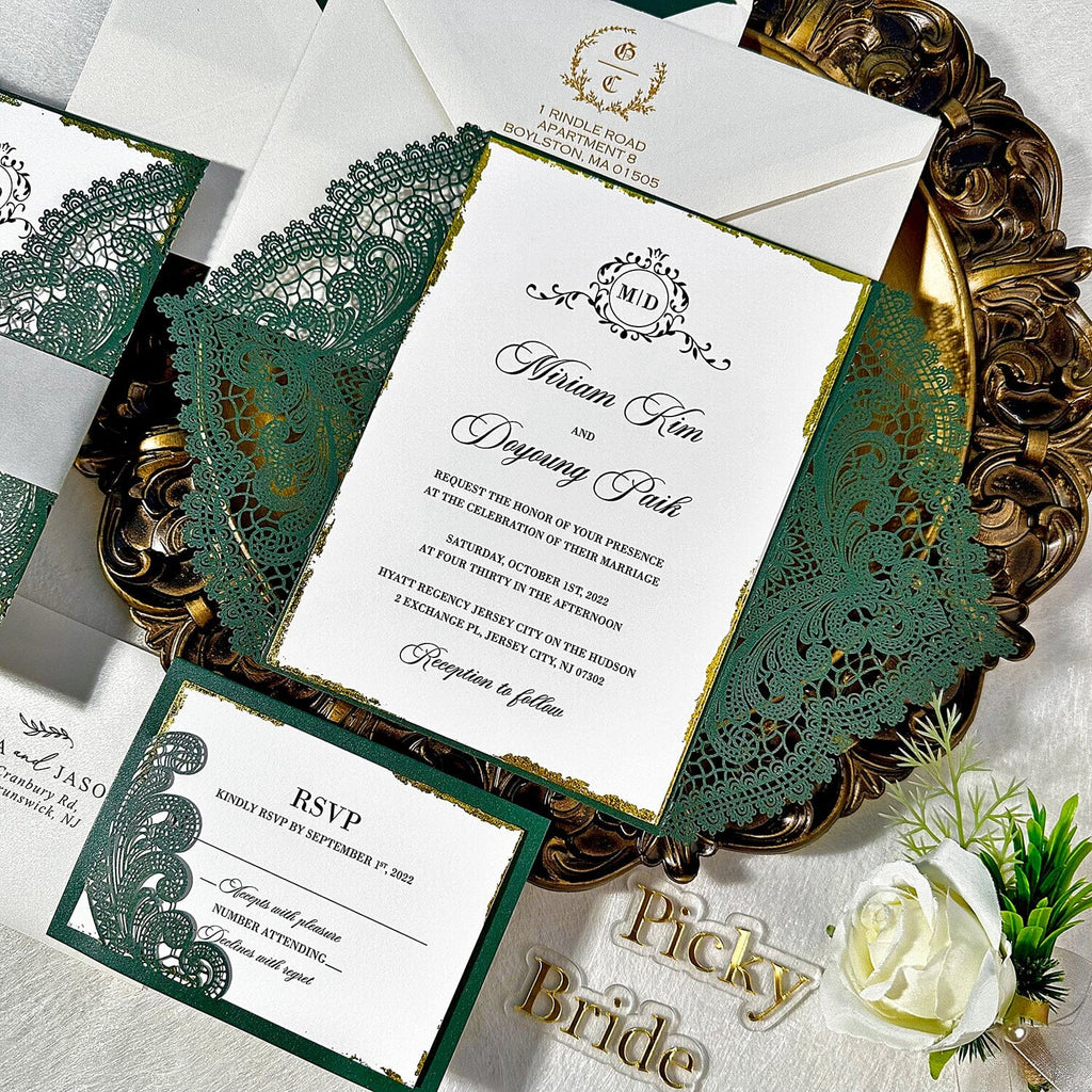 Vintage Forest Green Laser Cut Invitations, Luxury Emerald Green Gold Deckled-Edge Invites, Elegant Lace Invitation with Gold Seal and Lined Envelopes Wedding Ceremony Supplies Picky Bride 