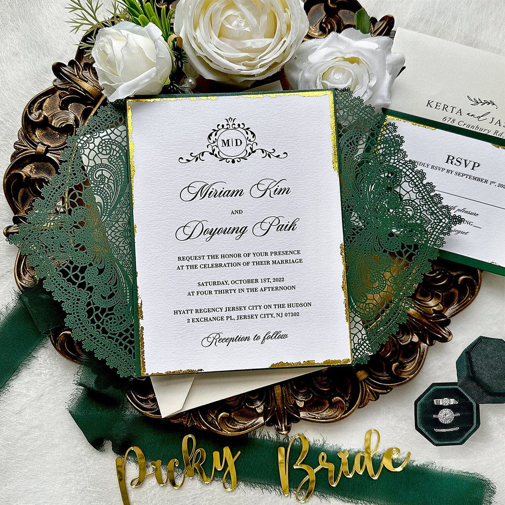 Vintage Forest Green Laser Cut Invitations, Luxury Emerald Green Gold Deckled-Edge Invites, Elegant Lace Invitation with Gold Seal and Lined Envelopes Wedding Ceremony Supplies Picky Bride 