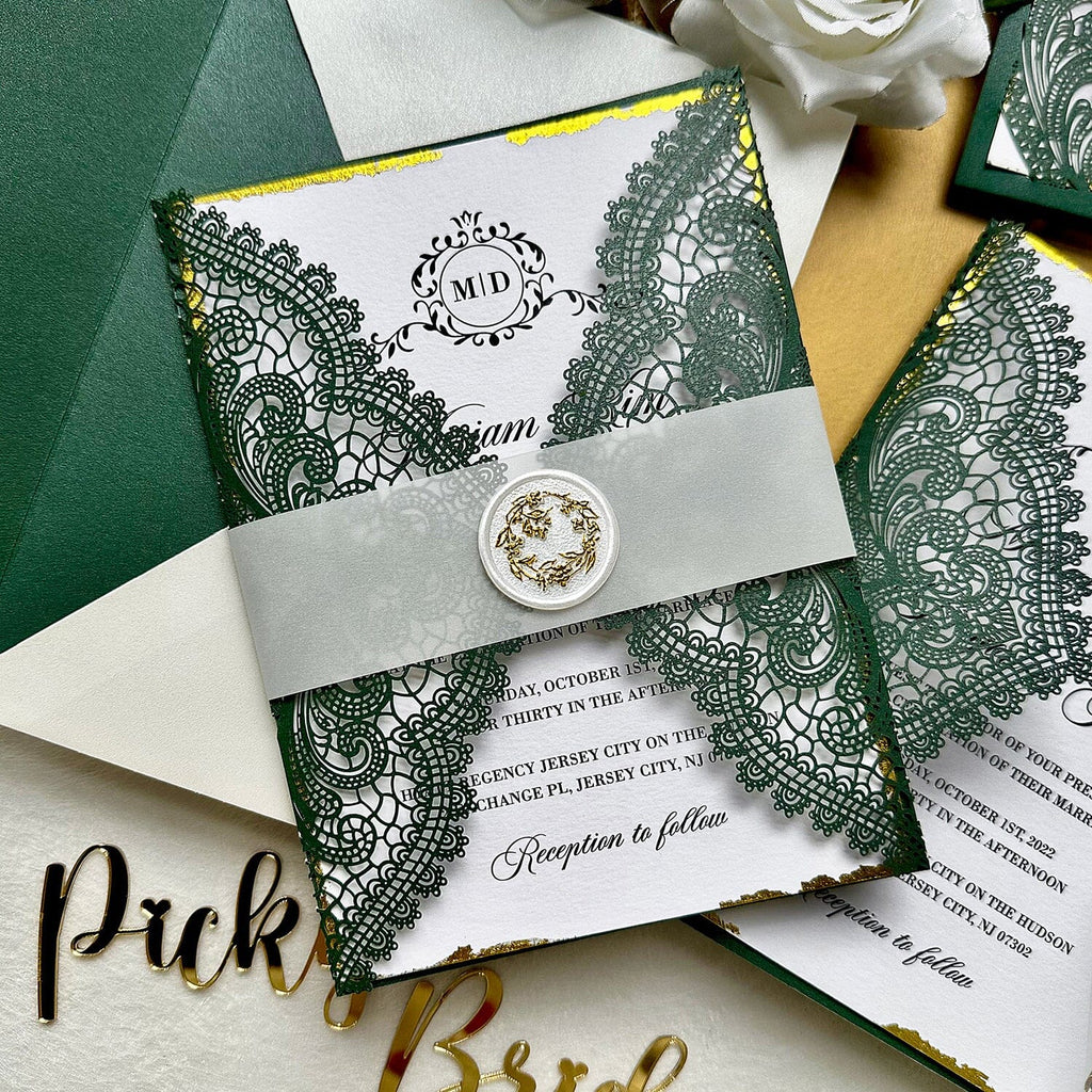 Vintage Forest Green Laser Cut Invitations, Luxury Emerald Green Gold Deckled-Edge Invites, Elegant Lace Invitation with Gold Seal and Lined Envelopes Wedding Ceremony Supplies Picky Bride 