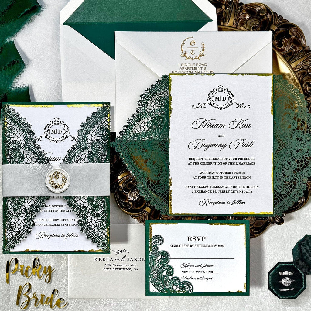 Vintage Forest Green Laser Cut Invitations, Luxury Emerald Green Gold Deckled-Edge Invites, Elegant Lace Invitation with Gold Seal and Lined Envelopes Wedding Ceremony Supplies Picky Bride 