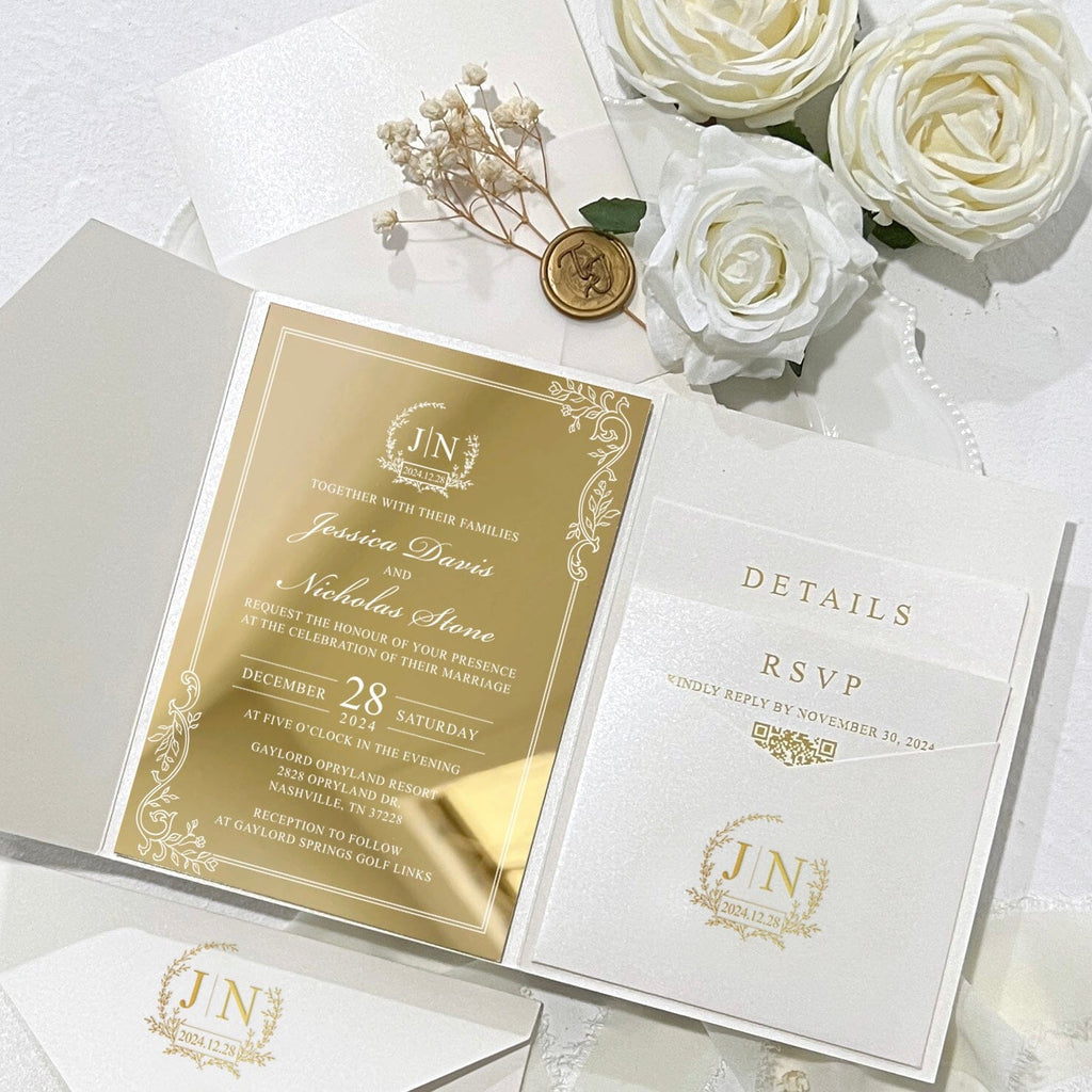 White and Gold Mirror Acrylic Wedding Invitation Suite, Gold Foil Pocket Invite Card with QR code RSVP, Personalized Baby's Breath, Wax Seals Wedding Ceremony Supplies Picky Bride 