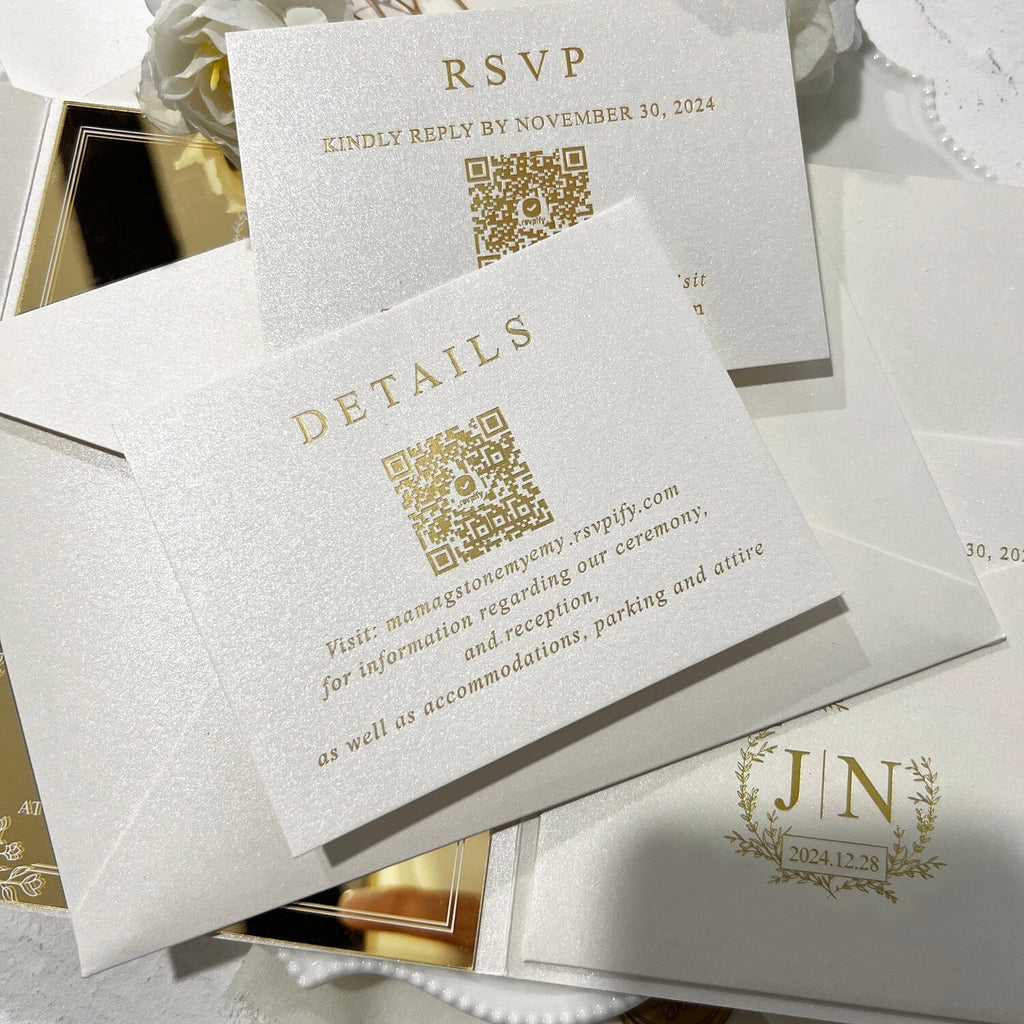 White and Gold Mirror Acrylic Wedding Invitation Suite, Gold Foil Pocket Invite Card with QR code RSVP, Personalized Baby's Breath, Wax Seals Wedding Ceremony Supplies Picky Bride 