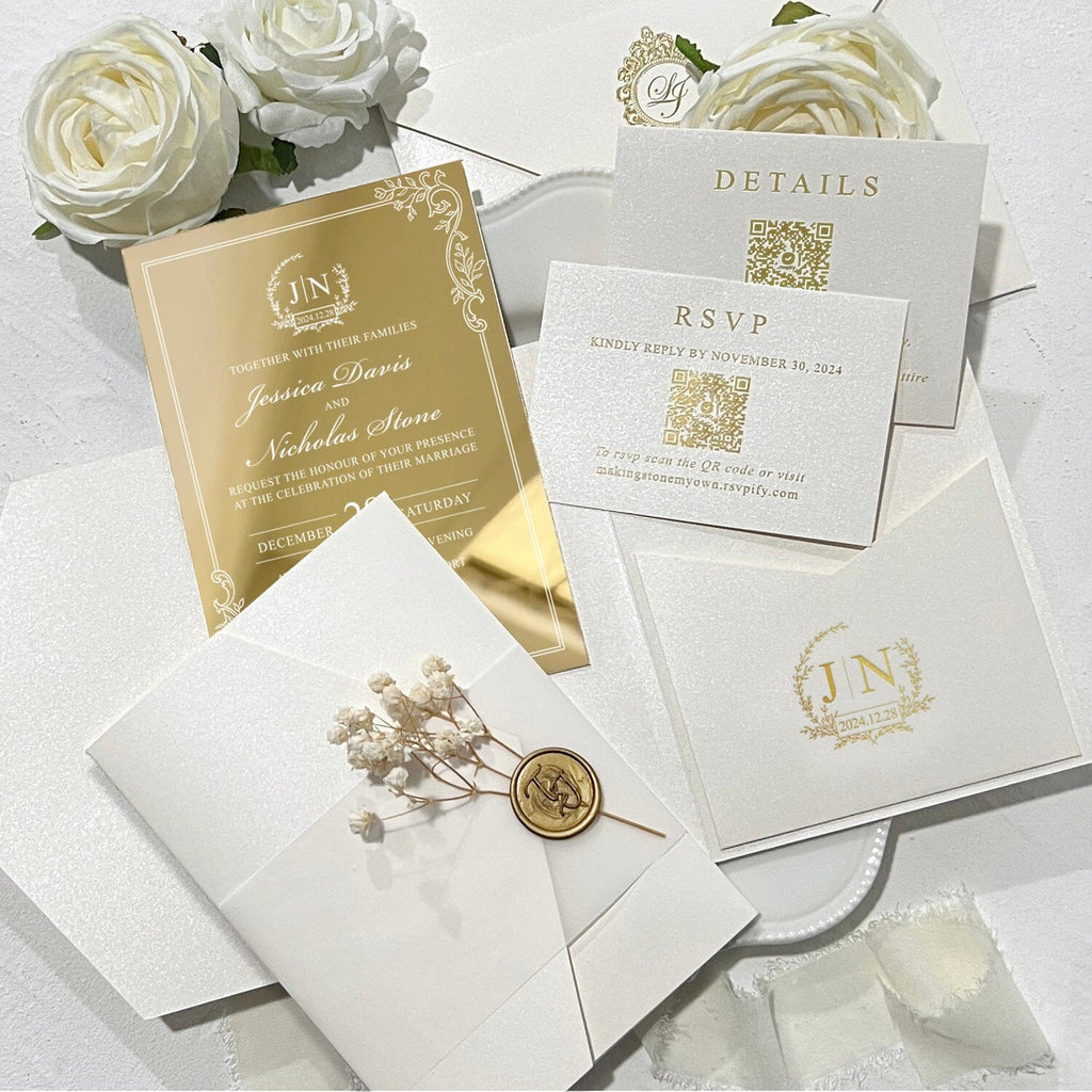 White and Gold Mirror Acrylic Wedding Invitation Suite, Gold Foil Pocket Invite Card with QR code RSVP, Personalized Baby's Breath, Wax Seals Wedding Ceremony Supplies Picky Bride 