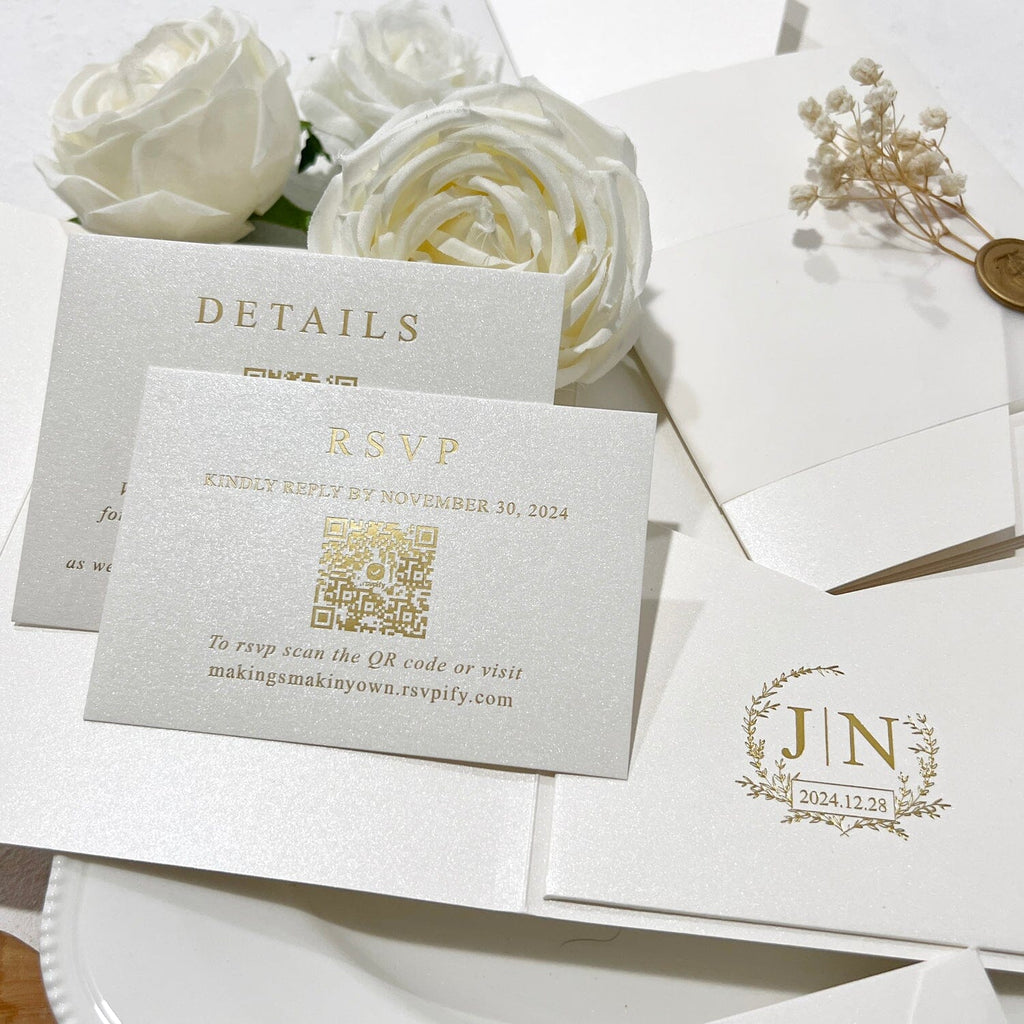 White and Gold Mirror Acrylic Wedding Invitation Suite, Gold Foil Pocket Invite Card with QR code RSVP, Personalized Baby's Breath, Wax Seals Wedding Ceremony Supplies Picky Bride 