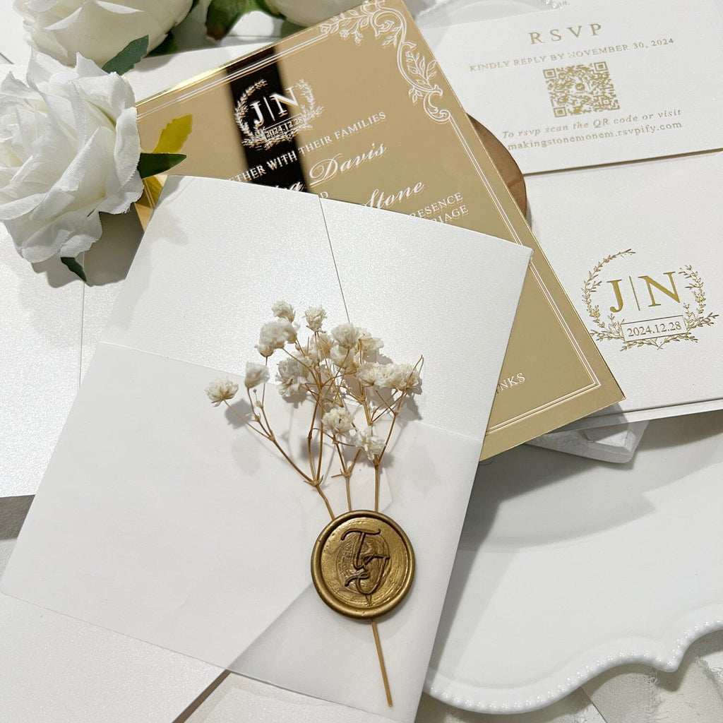 White and Gold Mirror Acrylic Wedding Invitation Suite, Gold Foil Pocket Invite Card with QR code RSVP, Personalized Baby's Breath, Wax Seals Wedding Ceremony Supplies Picky Bride 