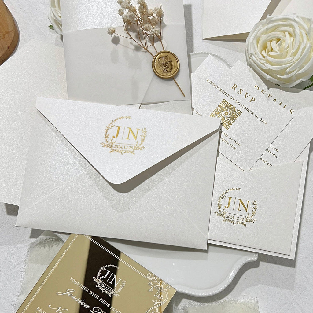 White and Gold Mirror Acrylic Wedding Invitation Suite, Gold Foil Pocket Invite Card with QR code RSVP, Personalized Baby's Breath, Wax Seals Wedding Ceremony Supplies Picky Bride 