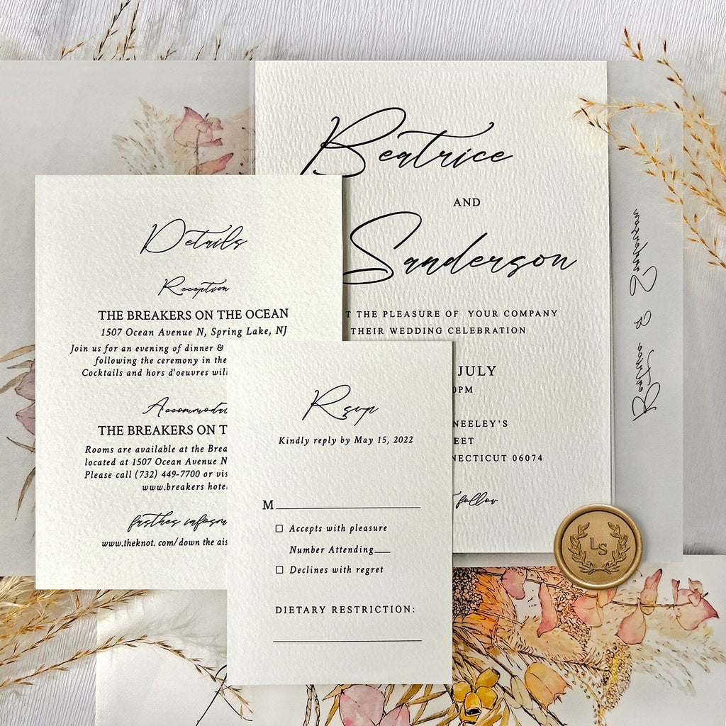 Wildflower Vellum Jacket Wedding Invitations, Romantic Boho Wedding Invitation, Rustic Colorful Floral Printed Wrap Invites with Gold Wax Seal Wedding Ceremony Supplies Picky Bride 