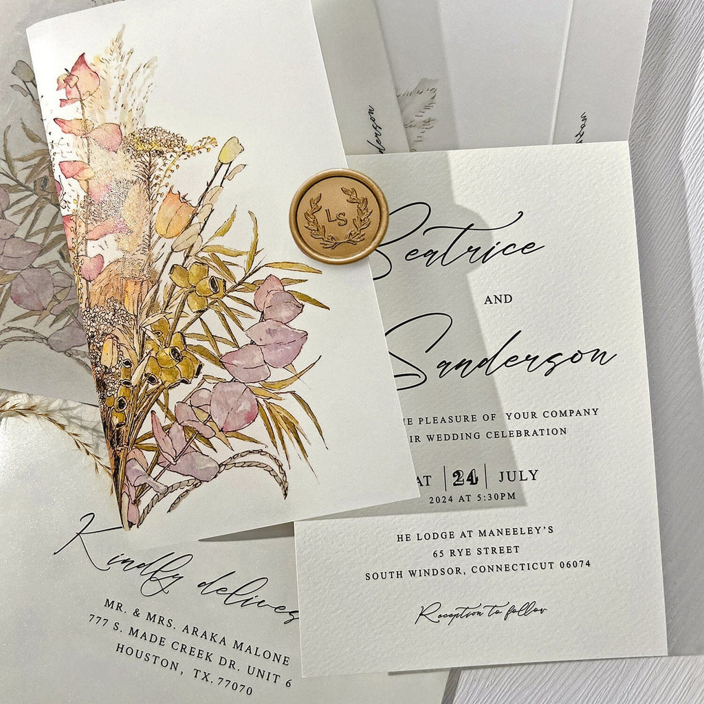 Wildflower Vellum Jacket Wedding Invitations, Romantic Boho Wedding Invitation, Rustic Colorful Floral Printed Wrap Invites with Gold Wax Seal Wedding Ceremony Supplies Picky Bride 