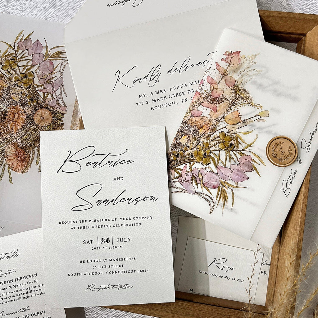 Wildflower Vellum Jacket Wedding Invitations, Romantic Boho Wedding Invitation, Rustic Colorful Floral Printed Wrap Invites with Gold Wax Seal Wedding Ceremony Supplies Picky Bride 