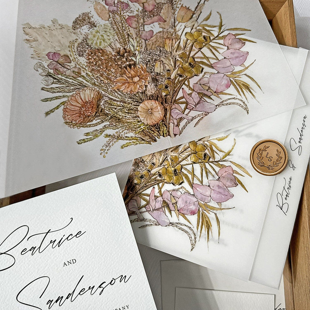 Wildflower Vellum Jacket Wedding Invitations, Romantic Boho Wedding Invitation, Rustic Colorful Floral Printed Wrap Invites with Gold Wax Seal Wedding Ceremony Supplies Picky Bride 