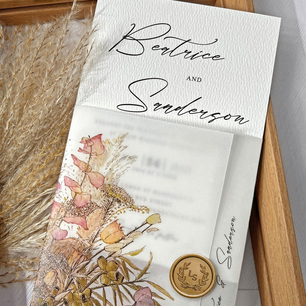 Wildflower Vellum Jacket Wedding Invitations, Romantic Boho Wedding Invitation, Rustic Colorful Floral Printed Wrap Invites with Gold Wax Seal Wedding Ceremony Supplies Picky Bride 