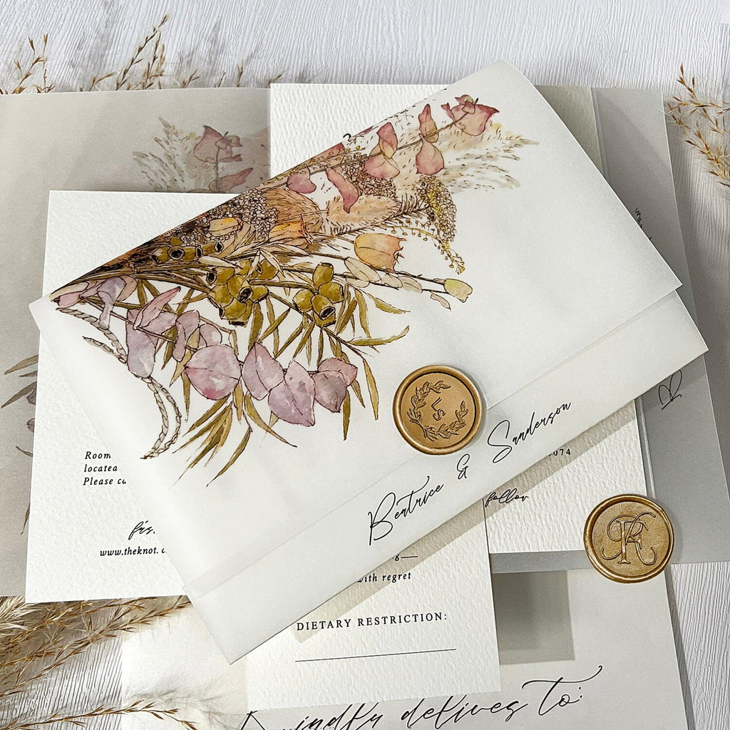 Wildflower Vellum Jacket Wedding Invitations, Romantic Boho Wedding Invitation, Rustic Colorful Floral Printed Wrap Invites with Gold Wax Seal Wedding Ceremony Supplies Picky Bride 