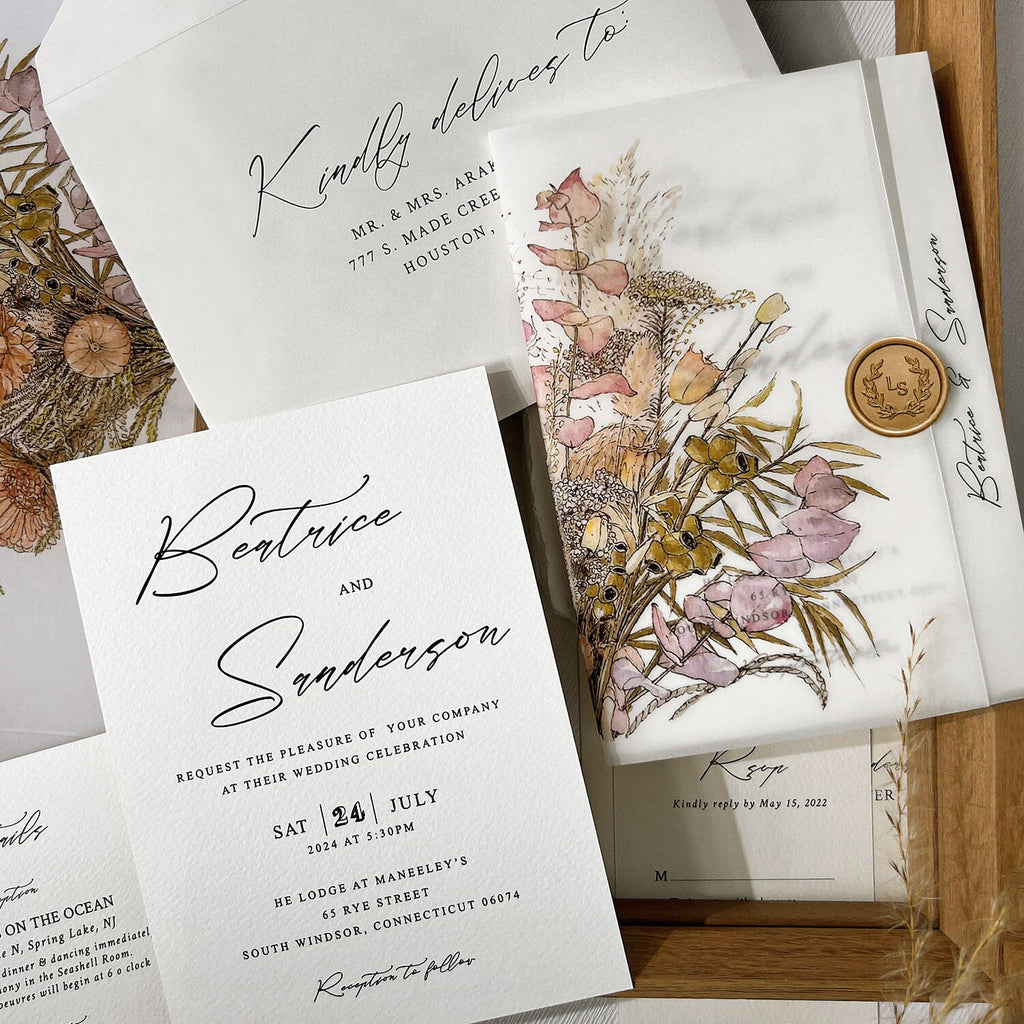 Wildflower Vellum Jacket Wedding Invitations, Romantic Boho Wedding Invitation, Rustic Colorful Floral Printed Wrap Invites with Gold Wax Seal Wedding Ceremony Supplies Picky Bride 