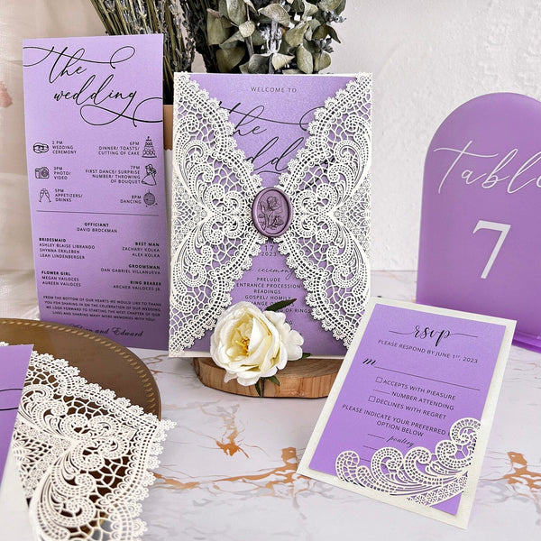 Elegant Lavender Wedding Invitation, Customized Lace Invite Cards, Wed