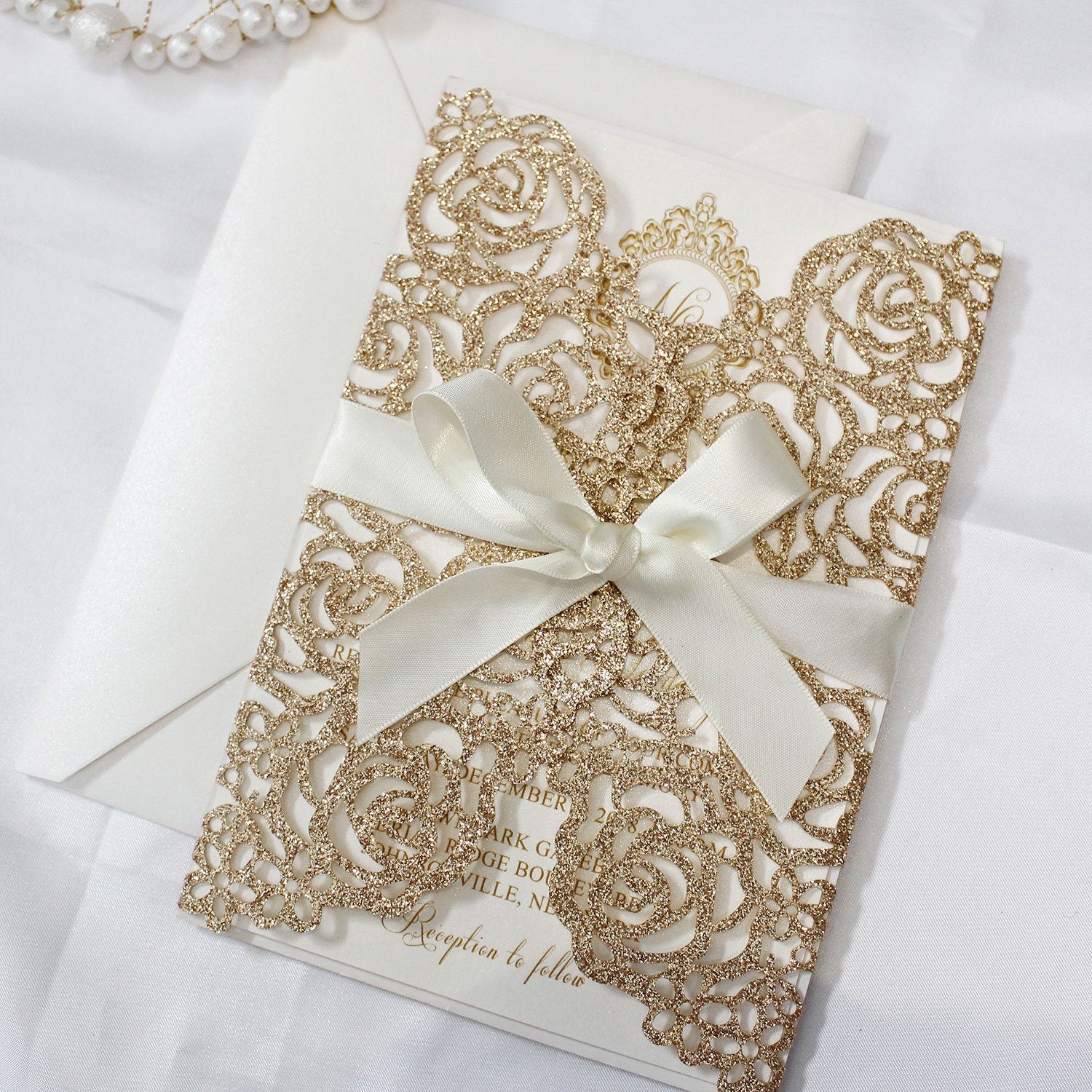 Gold Glitter Rose Wedding Invitation