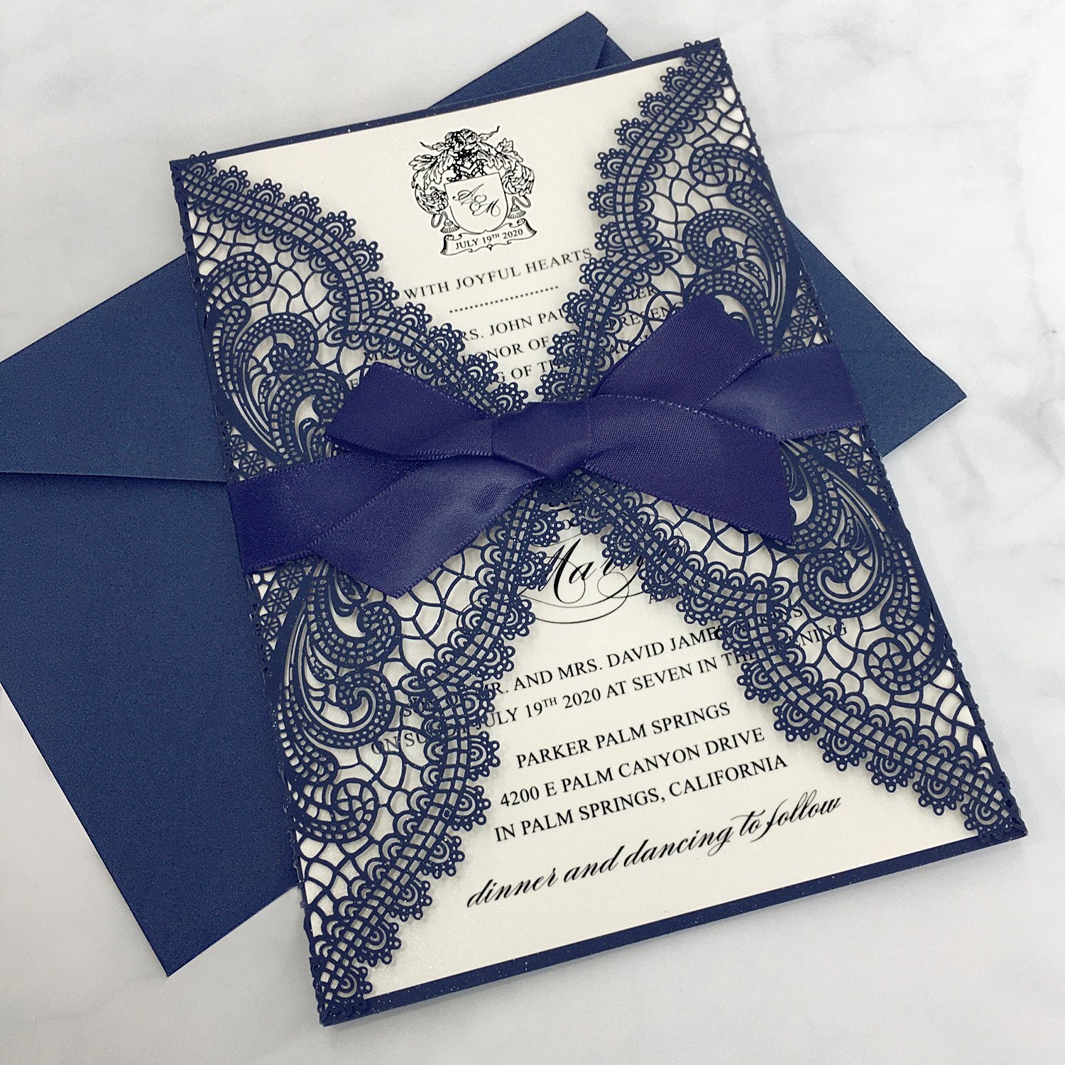 royal blue ribbon wedding invitations