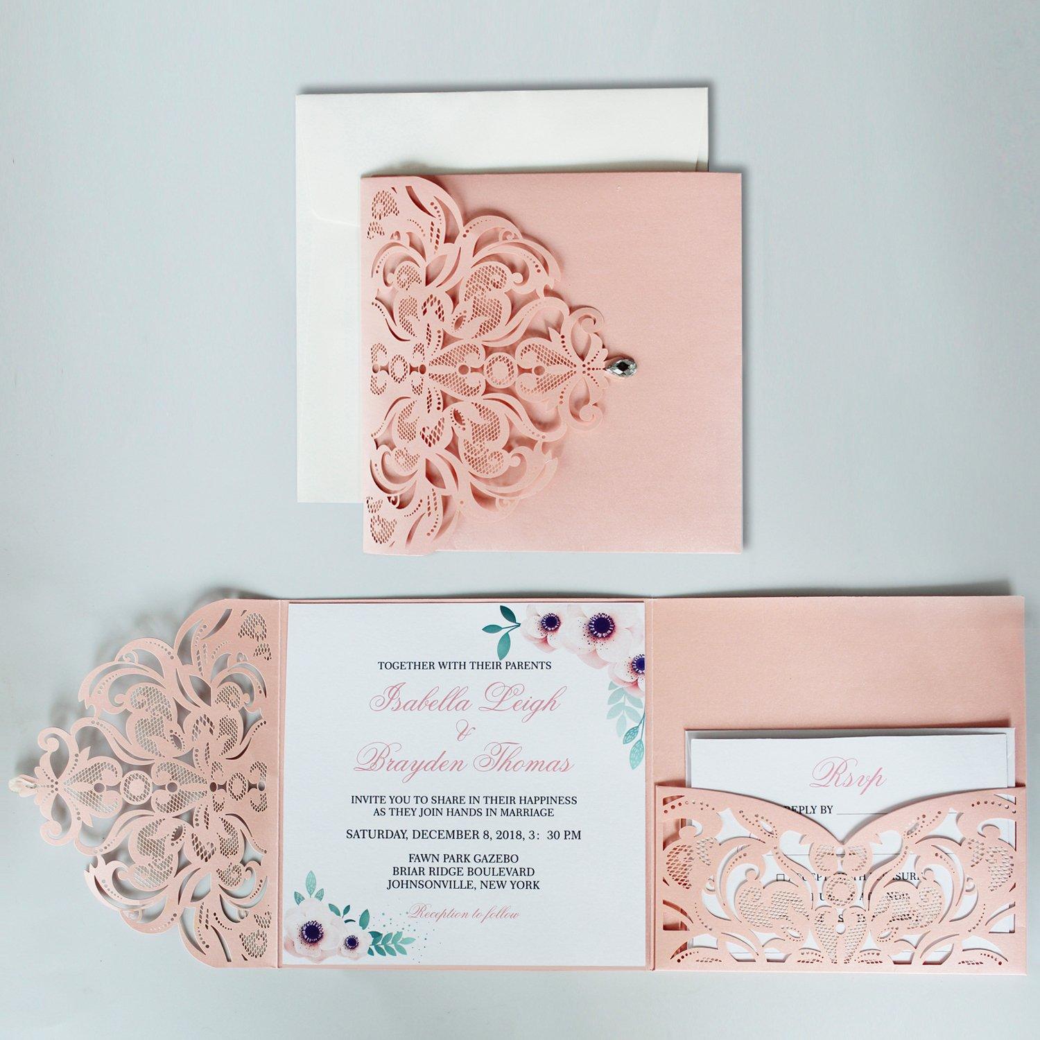 elegant blush rose laser cut pocket fold with rose gold glitter